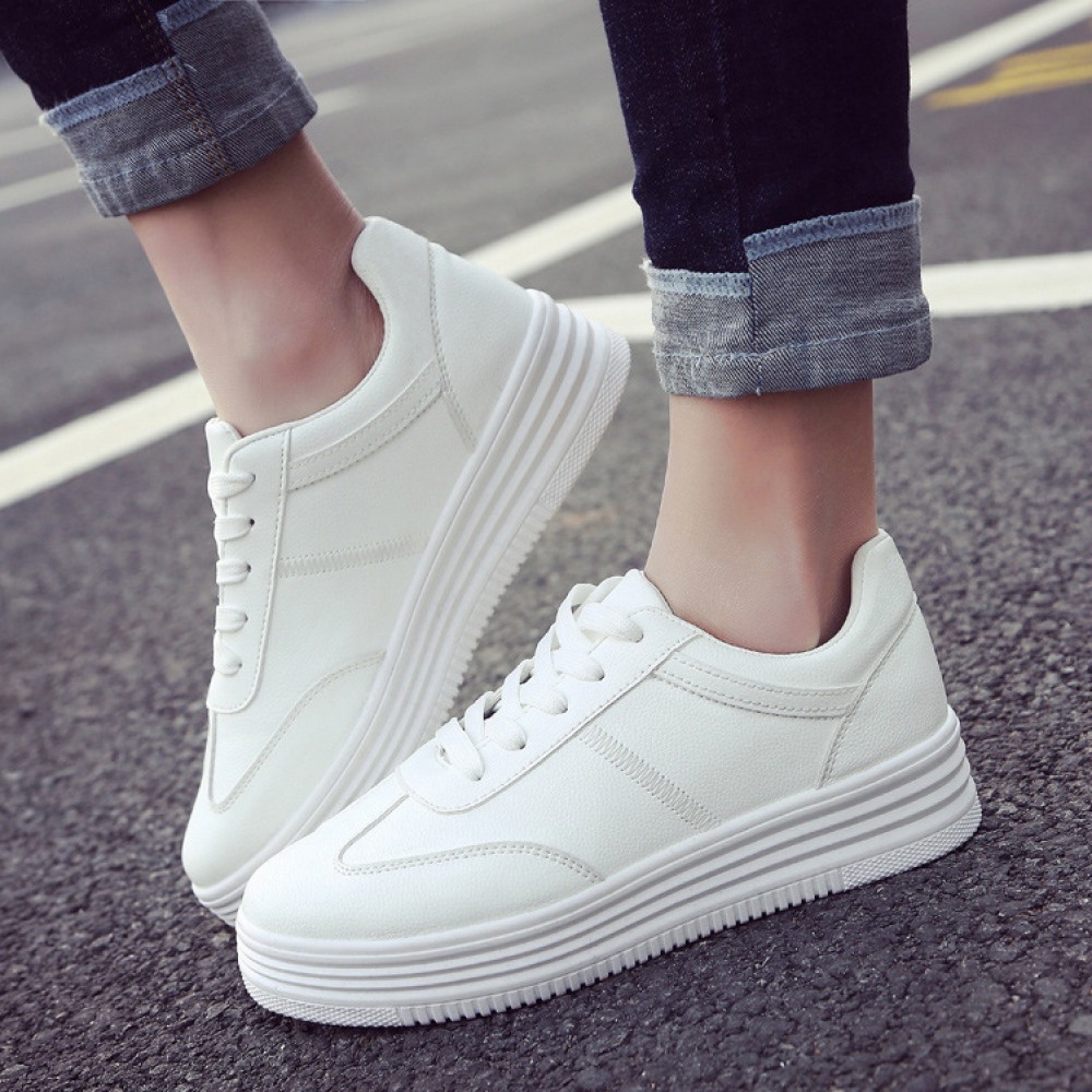 Spring New White Women's Breathable Running Board Shoes Heightened Casual Shoes